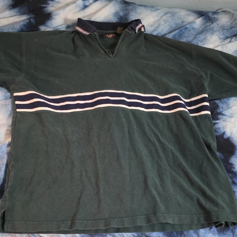 Vintage Green Polo Shirt XL Striped Design